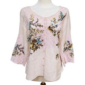 VINTAGE J. Jill Floral Embroidered Semi Sheer Button Front Blouse Women’s Small